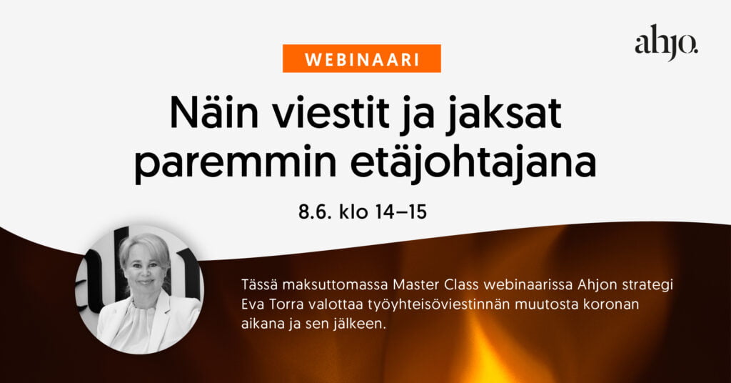 Webinaarin jakokuva, jossa on Eva Torran, Ahjon strategin ja partnerin kuva ja liekki taustalla