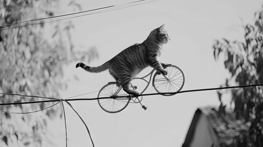 Cat cycling on tighrope