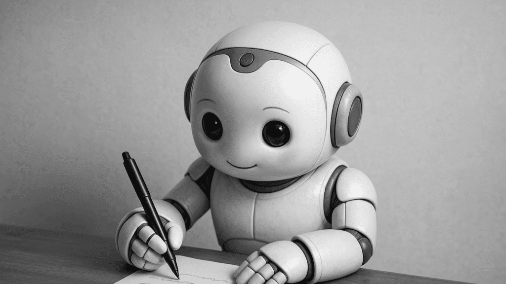 Söpö robotti kirjoittaa kynällä paperille.