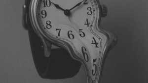 Surrealistinen sulava rannekello, jonka kellotaulu ja numerot valuvat alaspäin.