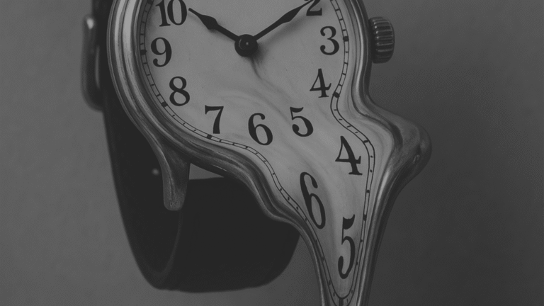 Surrealistinen sulava rannekello, jonka kellotaulu ja numerot valuvat alaspäin.